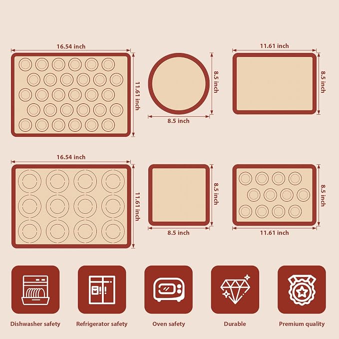 Silicone Baking Mat Set of 6, Nonstick & Reusable | Macaron Silicone Sheets for Baking, Heat Resistant Multi Pack Sets for Pastries, Macarons, Cookies, Pizza
