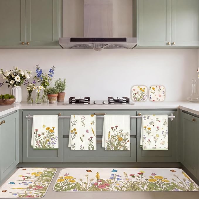 Tieshankao 10Pcs Wildflower Kitchen Decor Accessories Set | Green Wildflower Floral Theme, Kitchen Towels, Oven Mitts, Pot Holders, Rugs and Mats, Baking Supplies, Housewarming Gifts