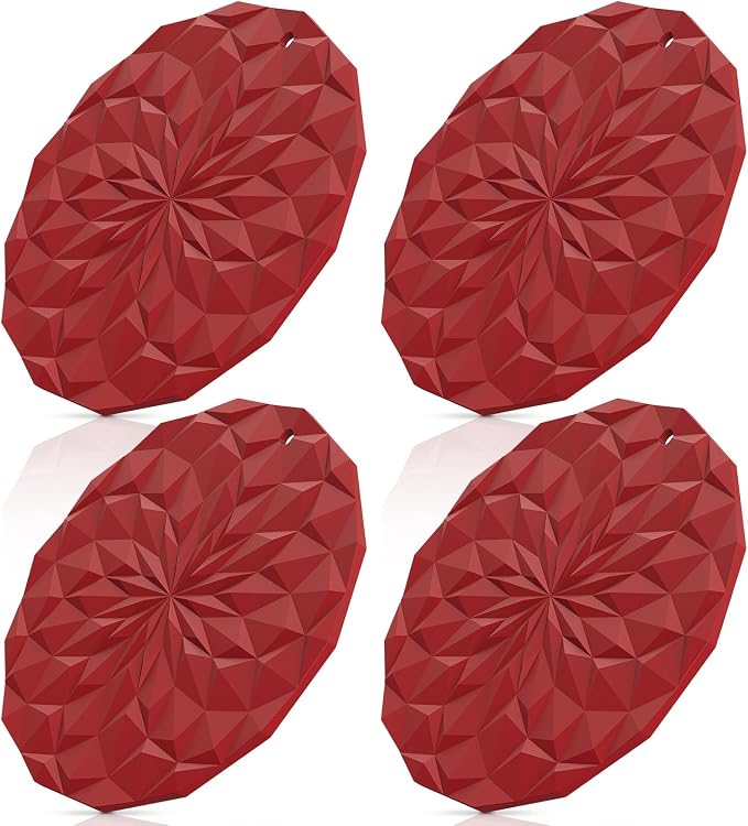 ME.FAN Silicone Trivet Mats - 4 Pack Pot Holders - 7.4'' Thickened Hot Pads for Hot pots, Pans and Dishes, Heat Resistant Silicone Trivet for Table and Counter Top Wine Red