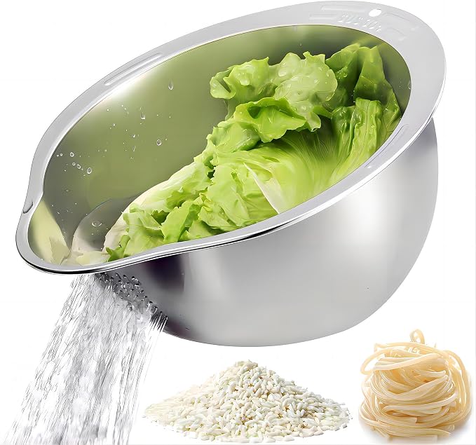 4-in-1 Rice Washing Bowl - Rice Washer Strainer Bowl - Stainless Steel Colander for Quinoa, Fruit and Vegetable Wash - Multi-Purpose Rice Strainer and Colander for Kitchen (1 Pack)