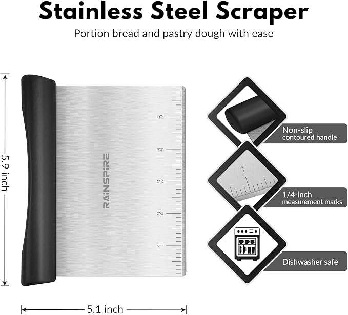 Rainspire Bench Scraper, Stainless Steel Dough Scraper, Pastry Scraper, Pizza and Dough Cutter Multi-Purpose Scraper/Chopper, Pizza Cutter Food Chopper Baking Supplies Kitchen Gadgets, Black | Dishwasher Safe Measurement Marks Non-slip Comfortable Hand...
