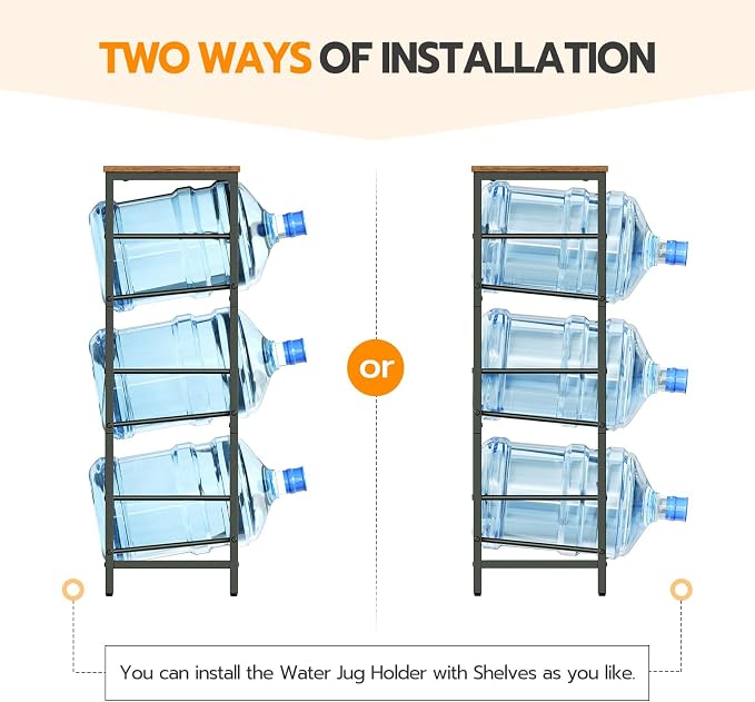 HOOBRO Water Jug Rack, Water Bottle Holder, 5 Gallon Water Jug Rack, 3-Tier Water Cooler Storage Rack, Water Dispenser Stand, for Kitchen, Living Room, Office, Rustic Brown and Black BF01ST01