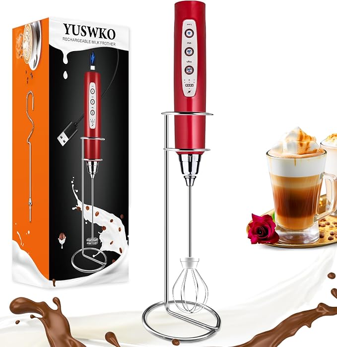 YUSWKO Handheld Milk Frother Wand for Coffee, Rechargeable Electric Whisk with 3 Heads 3 Speeds Drink Mixer Coffee Frother For Latte, Cappuccino, Hot Chocolate, Egg, Red with Holder