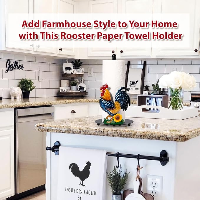 Rooster Paper Towel Holder Countertop for Kitchen, Farmhouse Chicken Decor | Sunflower & Chicken Farmhouse Kitchen Decor and Accessories, Rustic Housewarming Gifts, Roll Dispenser with Weighted Base