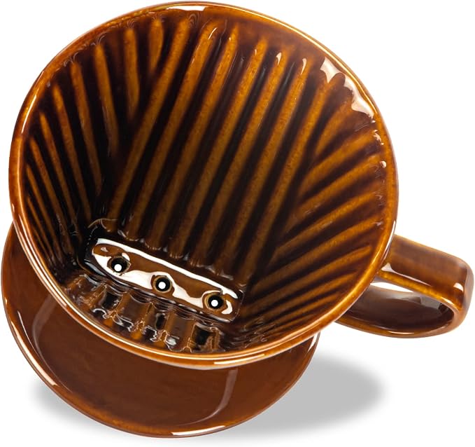 Pour Over Ceramic, Coffee Dripper Ceramic Coffee Maker,Brown | 3 Holes Flat Bottom, Porcelain Slow Filter Cone for Travel, Camping, Office, Home, Coffee Maker Brew