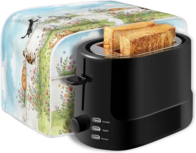 Cat Flower Print Bread Machine Cover 2 Slice Wide Slot Toaster Oven Dust Covers Anti Fingerprint Protective Cover for Kitchen