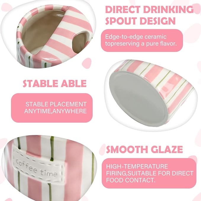 1 Pack Ceramic Mug with Sip Hole, Simple, Pink and Green | 10oz Ceramic Coffee Cup with Straws, Retro Hand Painted Striped, for Iced Coffee Tea Latte Espresso, Kitchen Dining Travel