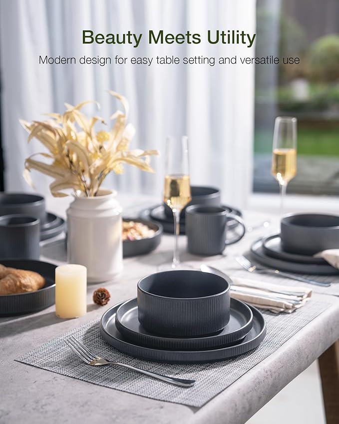 Famiware Star Stoneware Dinnerware Set, Reactive Glaze Plates & Bowls for 4 | 12-Piece Handmade Ribbed Dishes, Chip & Scratch Resistant. Microwave & Dishwasher Safe, Rustic Modern, Matte Dark Charcoal