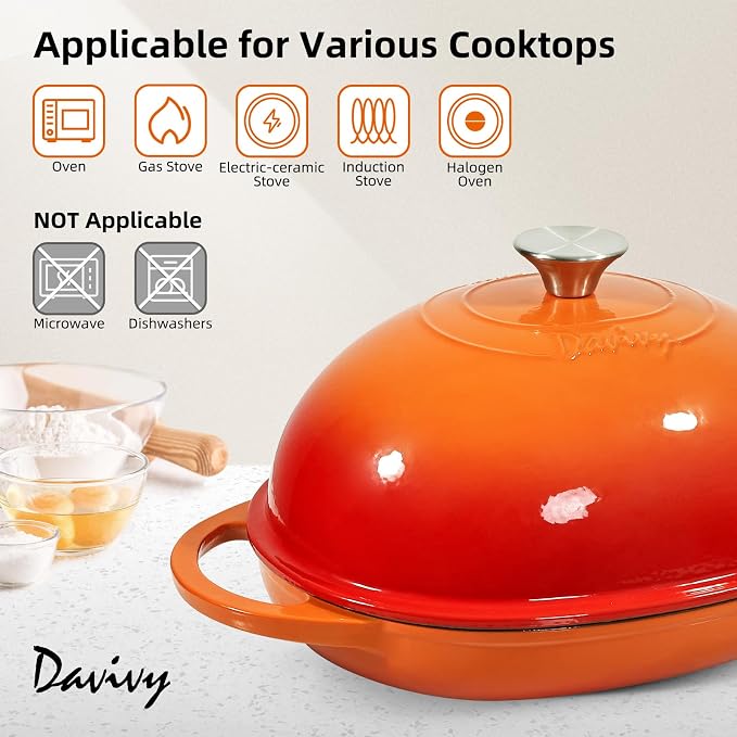 Davivy 11" x 8.7" Oval Bread Oven with Domed Lid, Enameled Oval Dutch Oven Pot for Sourdough Bread Baking 6QT, Non-stick Cast Iron Sourdough Pan Bread Cloche with Lid - Flame Orange