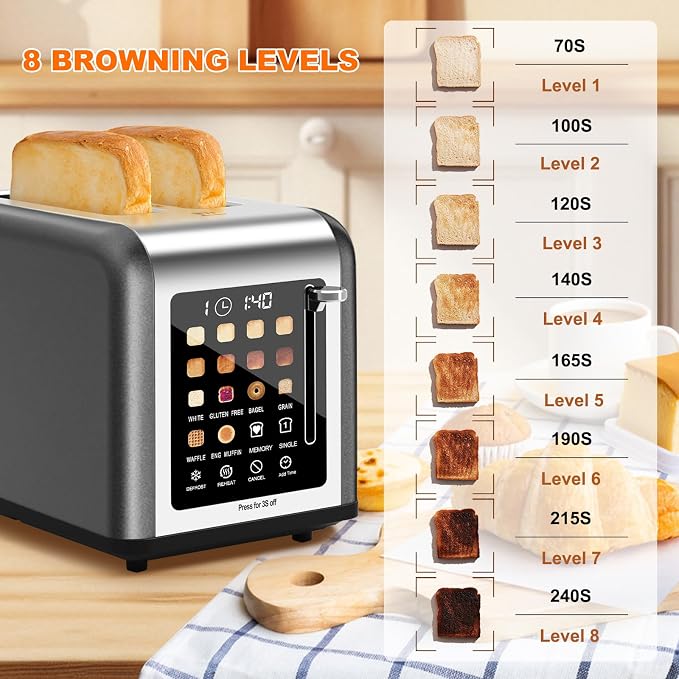 2 Slice Toaster Touch Screen, Stainless Steel Toasters Digital Timer 2 Slot Toasters, 8 Shade Settings 6 Bread Types for Bagel, Cancel, Defrost (Grey)