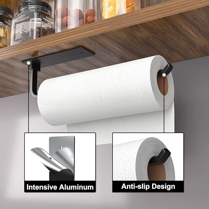 Paper Towel Holder Under Cabinet, Self-Adhesive or Drilling, Matte Black | Kitchen Roll Dispenser | Under-Cabinet or Wall-Mounted| Upgraded Aluminum | Lighter Yet Stronger Than Stainless Steel