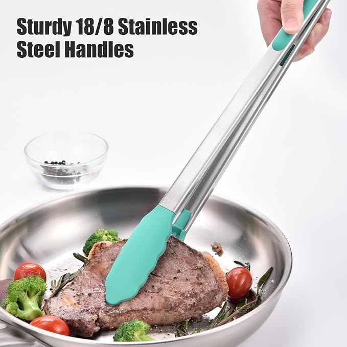 Doosu Kitchen Tongs with Silicone Tips for Cooking Serving (16in, Aqua Sky) | 600°F Heat Resistant Food Tong, Heavy Duty Stainless Steel Locking Tong for BBQ, Grilling Steak, Salad, Toast, Pasta