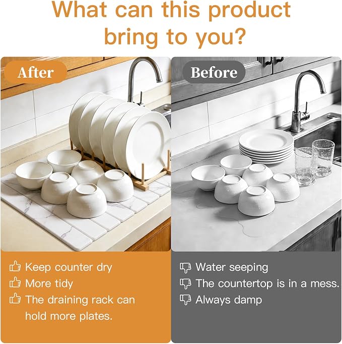 Stone Dish Drying Mat for Kitchen - Diatomaceous Earth Drying Mats | White Marble Pattern, Counter Mats Quick Dry, Foldable Design, Super Absorbent, (24"×16"/ 8"x4" / 1 Drain Rack) for Dishes