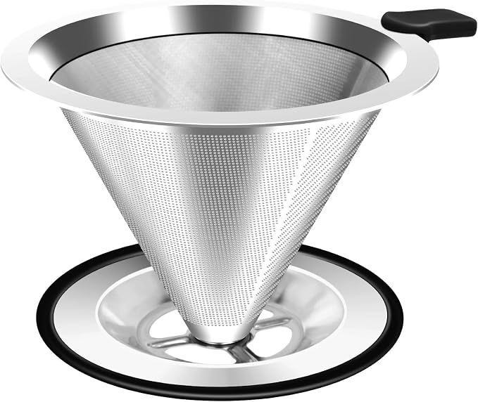Pour Over Coffee Dripper, Stainless Steel Coffee Filter, Paperless Reusable Coffee Filter, Double Micromesh 600 Mesh Strainer Coffee Maker with Heat-Resistant Silicone Handle & Base (1-2 Cups)