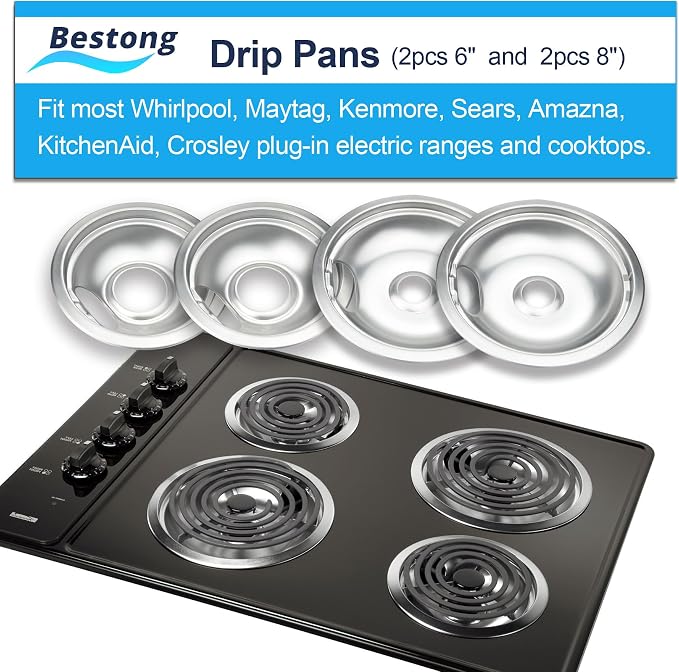 Chrome Steel Stove Drip Pans for Whirlpool Maytag Kenmore 4-Pack | Includes 2 x 6" and 2 x 8" chrome steel drip pans replacing W10196405, W10196406 and W10278125