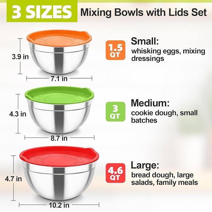 TeamFar Mixing Bowls, Stainless Steel Nesting Salad Bowls & Airtight Lids | For Serving/Mixing/Storing, Healthy & Long-lasting, Dishwasher Safe & Easy Clean, 4.6/3 / 1.5 QT, Colorful