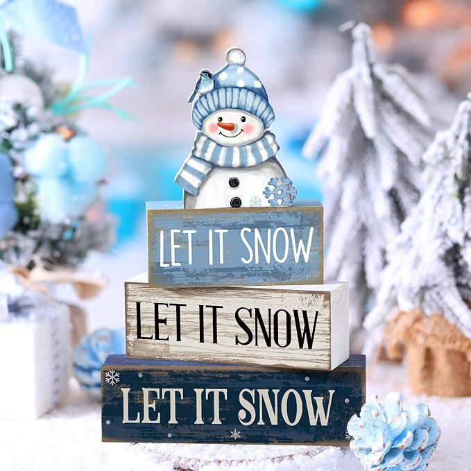 Lineshading 4 Pcs Wooden Snowman Table Decoration, Let It Snow Signs | Rustic Farmhouse Tiered Tray Decor, Christmas Winter Wood Blocks, Tabletop Centerpiece Gift, Snowman Hat Scarf Design