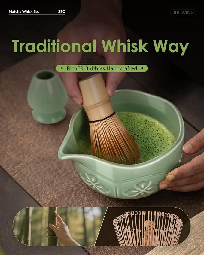 Matcha Whisk Set, Ceramic Matcha Set Includes Matcha Bowl and Matcha Whisk | Holder, Spout, Bamboo Scoop, Sifter and Tea Towel - 6 Pcs Matcha Kit Gift for Matcha Lovers Beginners