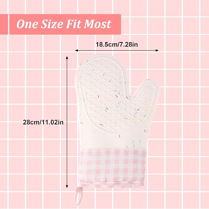 Wanheart Heat Resistant Silicone Oven Mitts, Pink Cooking Gloves, 2 Pack | Heat Resistant, Non Slip Grip, Cute Pink Design, Easy Clean, Cotton Lined