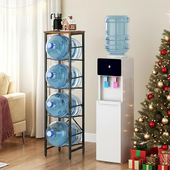 HOOBRO Water Jug Rack, Water Bottle Holder, 5 Gallon Water Jug Rack, 4-Tier Water Cooler Storage Rack, Water Dispenser Stand, for Kitchen, Living Room, Office, Rustic Brown and Black BF02ST01
