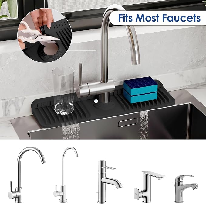 17.7-Inch Silicone Faucet Mat for Kitchen Sink Splash Guard, 7° Slope | 17.7"x5.5" water draining mat with fasten button; 1.6-2.75" customizable hole for bathroom, RV & kitchen sink drip catcher.