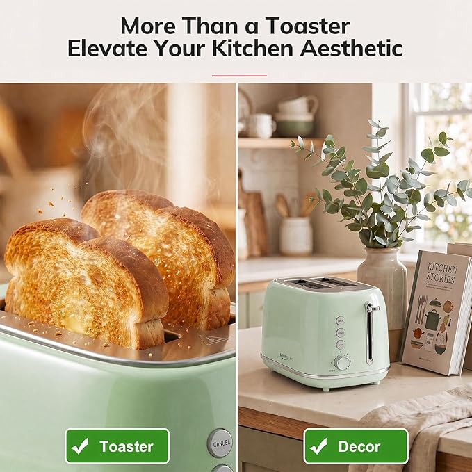 2 Slice Stainless Steel Toaster Retro with 6 Bread Shade Settings, Bagel, Cancel, Defrost Function, Extra Wide Slot, Removable Crumb Tray Green