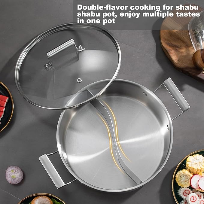 Delarlo 6.8QT Tri-Ply Stainless Steel Double-flavor Shabu Shabu Pot 12 inch Everyday Pan with Lid, Kitchen Induction,Cooking Hot Pot, Oven Safe Stock Pot, Up to 600℉