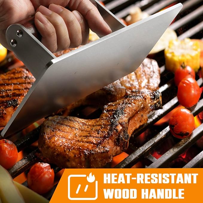 HULISEN Stainless Steel Bacon Press, 9 Inch Large Heavy Duty Burger Press with Wood Handle, Non-stick Grill Press for Griddle, Steak Weight Griddle BBQ Accessories for Panini, Sandwiches, Gift Package | Wood Handle, Long Rectangular Flat Edge, Reduce B...
