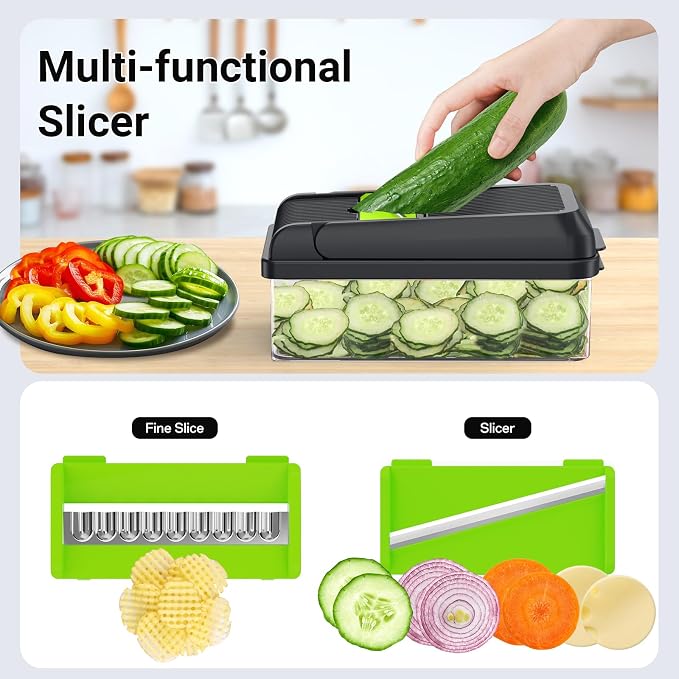 15-in-1 Vegetable Chopper with 10 Blades, Food Veggie Cutter, Green | Includes Egg Separator, Food Container and Finger Guard, Non-slip Base, for Chopping, Slicing, Shredding, and Mincing