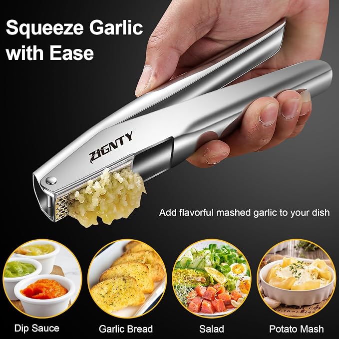 Garlic Press Stainless Steel, No Need to Peel Garlic Mincer Tool | Professional Garlic Presser & Masher, Large Trough, Efficient Dual Lever-Assisted, Rust Proof, Easy Clean, Dishwasher Safe