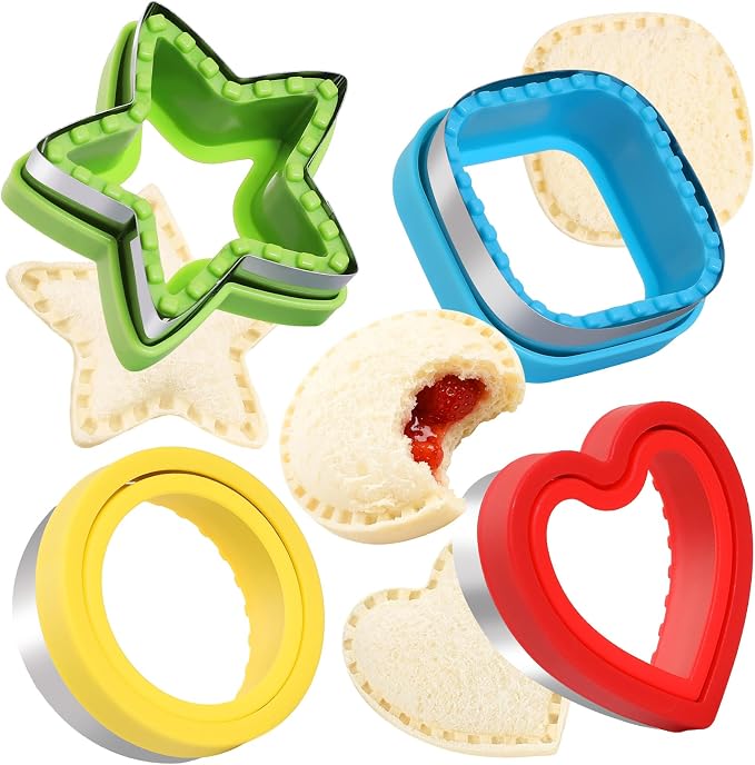 BakingWorld Sandwich Cutter and Sealer,Set of 4 Bread Sandwich Decruster Pancake Maker DIY Cookie Cutters for Kids Bento Box,Round Heart Star Square Shapes Sandwich Decruster Press Mold