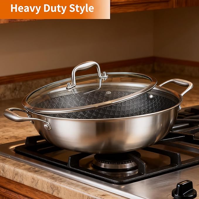 DELARLO 12 Inch Tri-Ply Stainless Steel Nonstick Wok Pan with Lid 5Qt Pot | Deep 5-quart wok heats quickly and evenly, is oven safe to 600°F, and works on induction, gas, electric and ceramic cooktops.