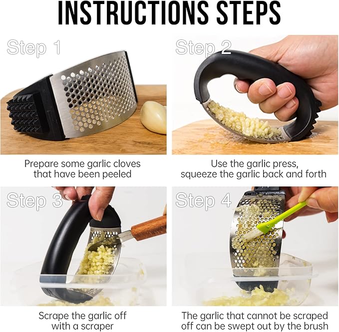 Garlic Press, Upgrade Garlic Mincer Stainless Steel Garlic Press Rocker, Professional Kitchen Gadget with Ergonomic Handle, Garlic Peeler