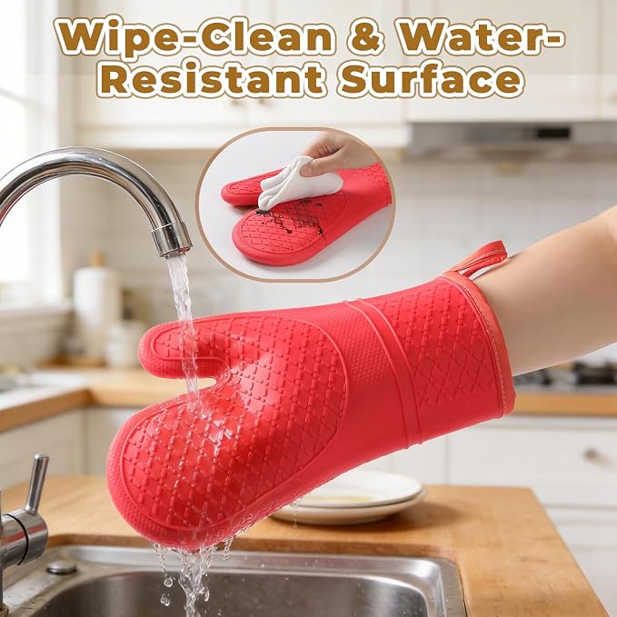 Heat Resistant Silicone Oven Mitts, Up to 500°F Protection for Baking & Grilling, 1 Pair (Red, Extra Thick)