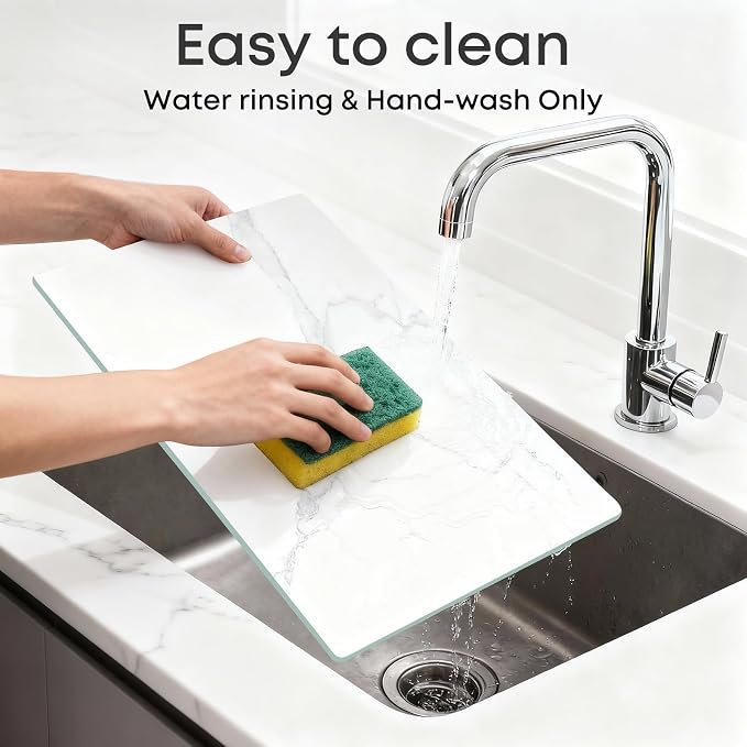 Murrey Home Glass Cutting Board for Kitchen Counter, Tempered Glass Chopping Boards Dishwasher Safe, Small Clear Countertop Tray, Scratch Resistant, Heat Resistant, Non Toxic, White Marble, 12"x8"