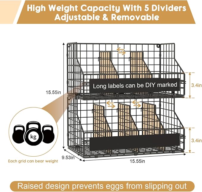 Egg Holder Countertop,Metal Egg Rack with Adjustable Dividers & DIY Labels | 2-Tier Stackable Wire Baskets, XXL Egg Basket for Gathering Fresh Eggs - Wall-Mounted Egg Storage, Chicken Coop Accessories