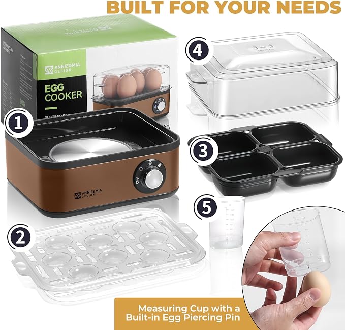 Annie & Mia Design Stainless Steel Electric Rapid Egg Cooker, 8 Egg Capacity 500W, Soft/Medium/Hard Boiled Egg Boiler Poacher Steamer Omelet Maker, Knob Auto Shut-Off, with Recipe Guide Book (Gold)
