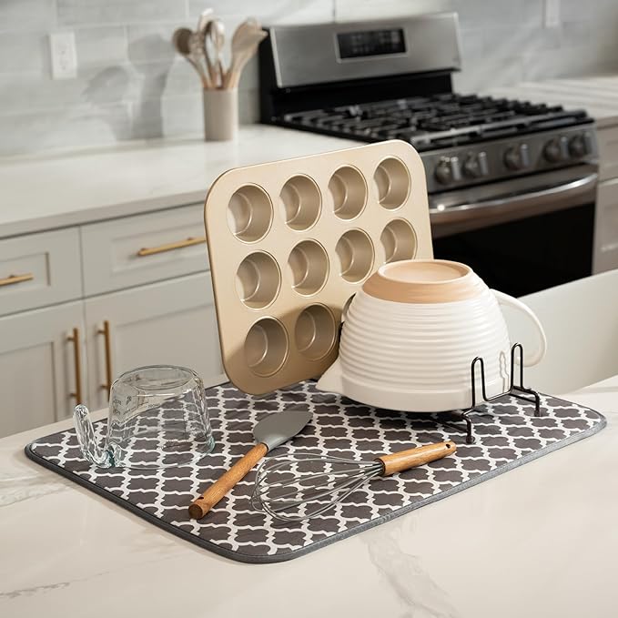 S&T INC. Dish Drying Mat, 18" x 24", XL, Grey Trellis | Absorbent Microfiber, Extra Large Kitchen Counter Mat for Dishes, Utensils, Pots and Pans, Machine Washable