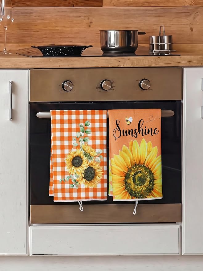 4 Pcs Sunflower Kitchen Towels Burnt Orange Hand Dish Towels Gift | Absorbent Sunshine Grid Fast Drying Tea Dishcloth Housewarming Gift for Cooking Bathroom Kitchen Decor