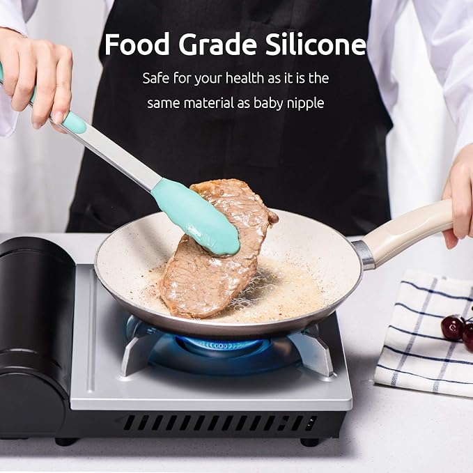 U-Taste Kitchen Tongs for Cooking, 600ºF Heat-Resistant Tps, 3Pcs/Aqua Sky | Silicone Tong Set 7/9/12in, Salad/Grill/BBQ Plastic Tongs for Food Serving, Rubber Thong with 18/8 Stainless Steel Handle