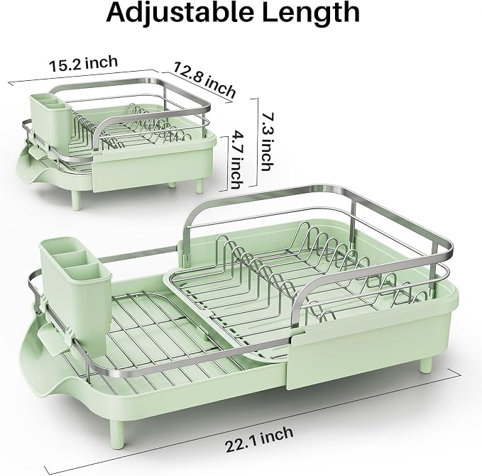 SNTD Expandable Dish Drying Rack for Kitchen Counter, 15.2-22.1 in, Green | Rust-Resistant Stainless Steel, Protective Side Rails, Self-Draining Drainboard, Removable Utensil Holder