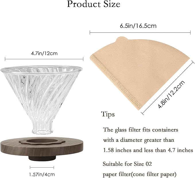 Lalord Pour Over Coffee Dripper with 100 pcs Size 02 Paper Filter, Walnut Handle and Borosilicate Glass, Glass Coffee Dripper, Hold for 1-4 Cups