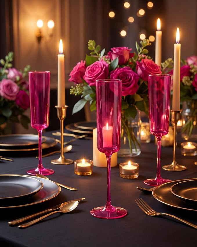 Ciaell 24 Pack Hot Pink Plastic Champagne Flutes for Weddings Birthdays | 6 oz Hot Pink Square Toasting Cups, Heavy Duty Plastic, Champagne Wine Cocktails Mimosas for Anniversaries Parties Bars