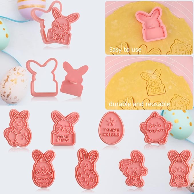 Easter Cookie Cutters Set, 8 Pcs Cookie Cutter with Plunger Stamps | 3D Cookie Stamps for Easter Biscuit Snacks Cheese Baking, Different Shapes, Rich Details and Textures