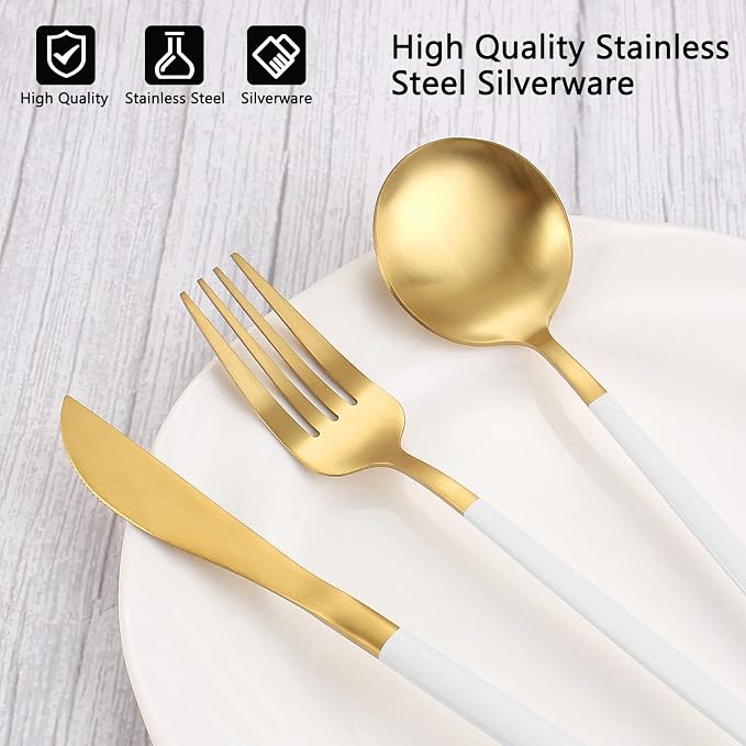 VANVRO Matte White Gold Silverware Set, 20-Piece Stainless Steel Flatware Set, Satin Finish tableware Cutlery Set, Service for 4, Home and Restaurant, Dishwasher Safe