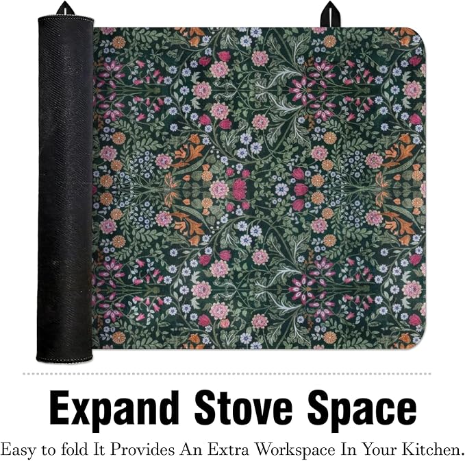 Boho Glass Stove Top Cover for Electric Stoves,Botanical Floral Dark Green Farmhouse Stove Top Cover for Kitchen Decor,Heat Resistant Cooktop Protector Mat,Non-Slip Washable Dish Drying Mat 28"x20"