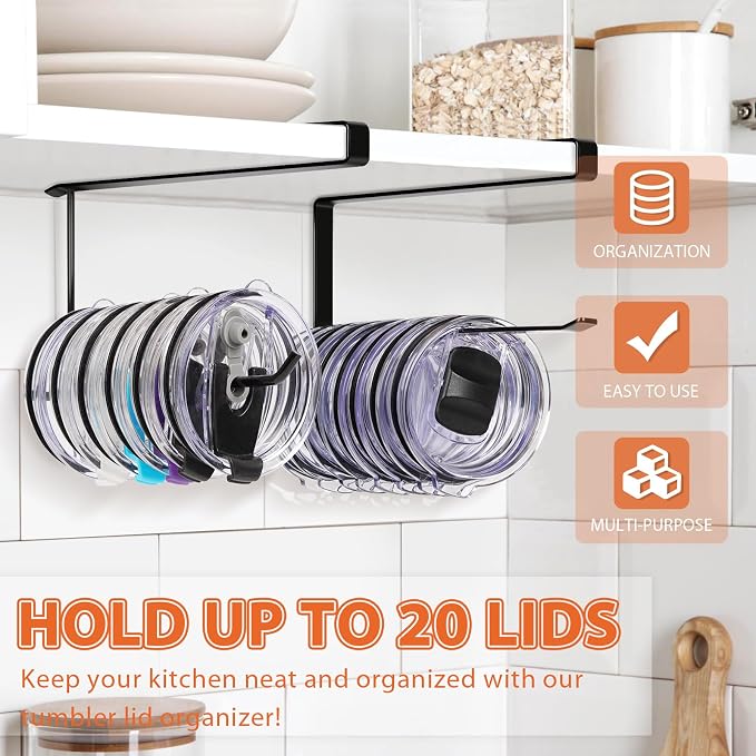 2 Pack Tumbler Lid Organizer, Versatile Storage Holds 20 Lids, Round&Flat | Space Saving Cup Lid Organizers Inside Cabinet Tumbler Lid Hook for Pantry Kitchen Organizer, Paper Towel Rack Hanger, Black