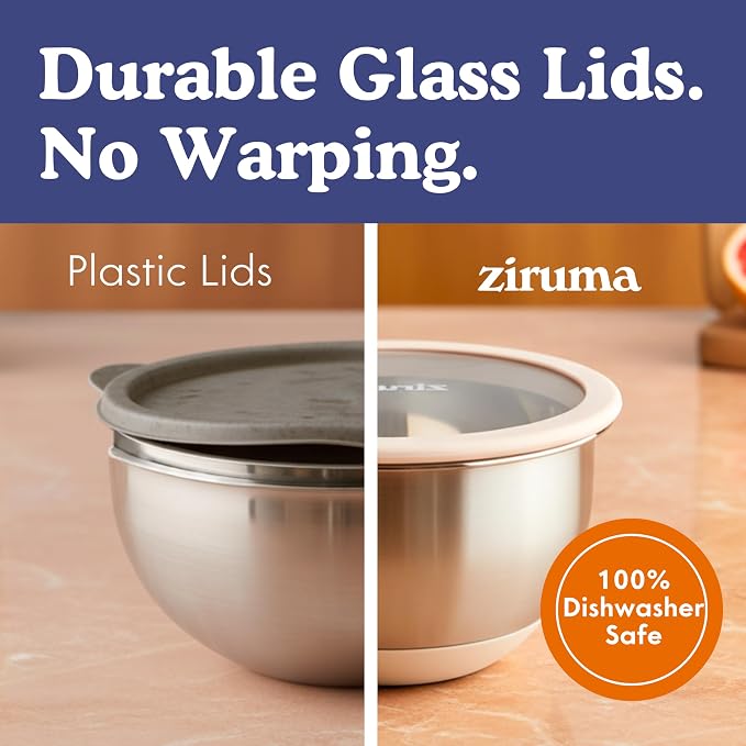 Non-Toxic Stainless Steel Mixing Bowls, Glass Lids, Plastic Free, 5-Pcs | LFGB platinum silicone seal. Keeps food fresh longer. Airtight. Non-slip silicone base. Dishwasher safe. Measurement marks.