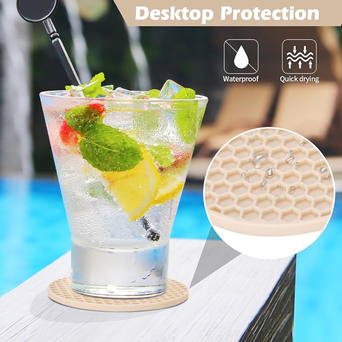TWTLi Silicone Coasters Set of 12 with Holder — Non-Slip Drink Coasters for Coffee Table, Home Bar & Kitchen, Protects Wood & Marble Surfaces from Water Rings, Dishwasher Safe (Tapioca)