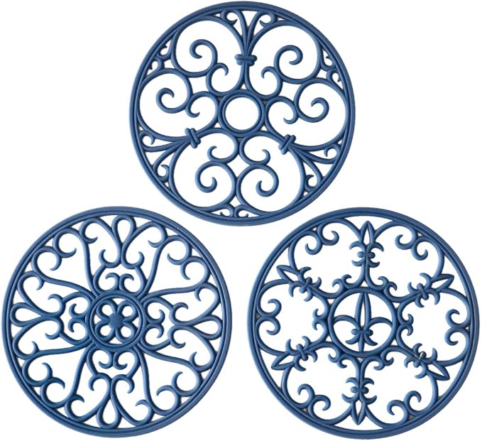 Silicone Trivet Mat - Hot Pot Holder Hot Pads for Table & Countertop - Teapot Trivet Kitchen Trivets - Non-Slip & Heat Resistant Modern Kitchen Hot Pads for Pots & Hot Dish Navy Blue Trivet Set of 3